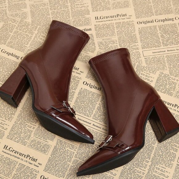 Burgundy Casual Women's Pointed Toe Short Heeled Boots - Picture 4 of 5